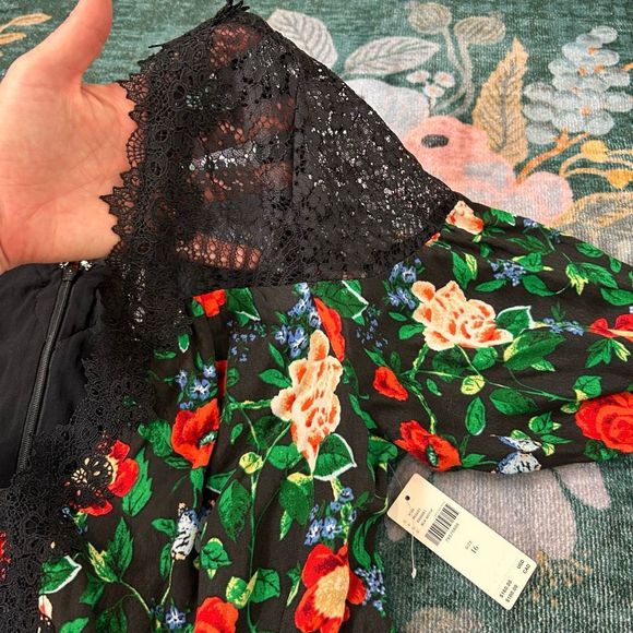 Anthropologie Dress 16 Lace V-Neck Dark Floral Rose Long Sleeve Mini Flowy NWT - Picture 14 of 16